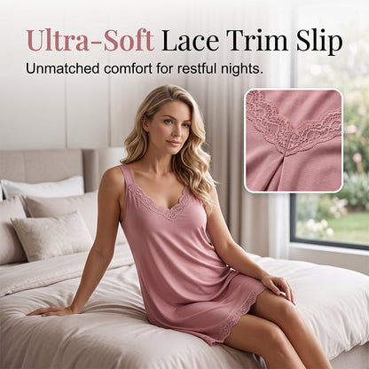 🌙 50% RABATT NU! 👗 Damnattkjol med Spetsdetaljer & V-ringning – Ultramjuk Modal & Lös Passform – Perfekt för Avkoppling & Sömn – Elegant & Bekväm 🌸