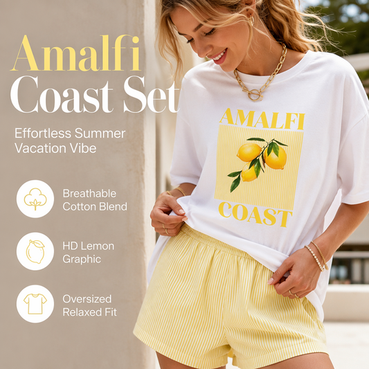 Dam Sommar Citron Grafisk T-shirt och Randiga Shorts Set
