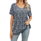 Dam V-ringad Tryckt T-shirt Casual Kortarmad Plisserad Topp