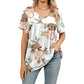 Dam V-ringad Tryckt T-shirt Casual Kortarmad Plisserad Topp