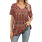 Dam V-ringad Tryckt T-shirt Casual Kortarmad Plisserad Topp