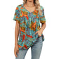 Dam V-ringad Tryckt T-shirt Casual Kortarmad Plisserad Topp
