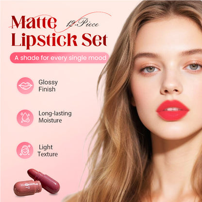💄 BEGRÄNSAD TID 50% RABATT! ✨ 12 Mini Matt Läppstift – Sammetslätt, Portabelt, Pigmentrikt 🌸