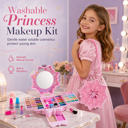 👑 50 % RABATT NU! 💄 Tvättbart prinsess-sminkset för barn – läppstift, ögonskugga, nagellack & sminkväska ✨