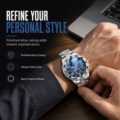 ✨⌚️ Herrklocka i stål med blått reflexglas och dekorativ trippelurtavla