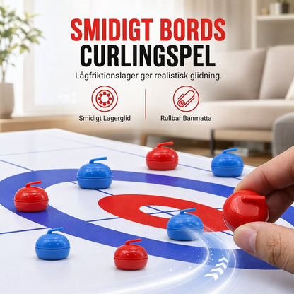 Mini curlingspel för bordsskiva med upprullningsbar matta och curlingstenar av plast - interaktivt inomhusbrädespel för barn och vuxna